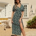 thumbnail image 2 of Gibobby Vestido Casual para Mujer Mujeres Casual Fashion vestido Floral imprimió Bohemia V cuello elegante Sexy vestido A Line manga corta Casual Mid(Verde,M), 2 of 5