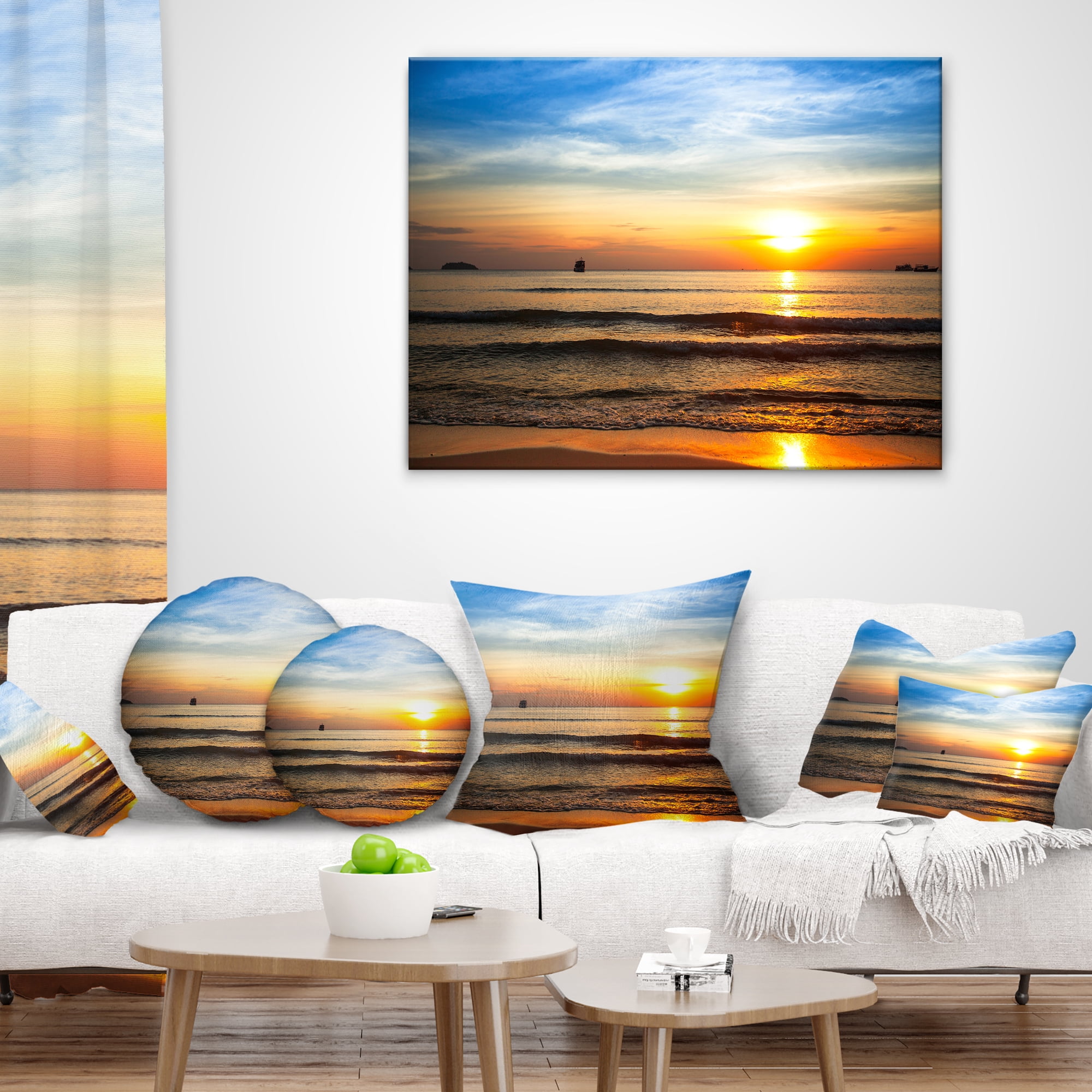 Designart Fascinating Sunset Over Clam Beach - Modern Beach Throw Pillow - 16x16