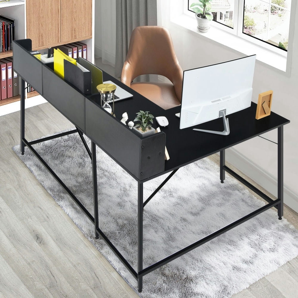 Demi Bonn 5.5" L-shaped Computer Desk with Bookshelf, Small Home Office Desk Study Writing Table, Black