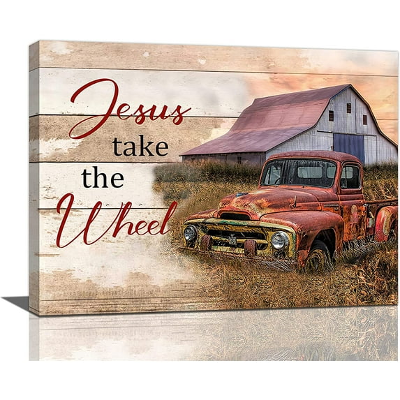 Rustic Red Truck Wall Art Old Car Painting Country Vintage Barn Pictures Wall Decor Farmhouse Canvas Prints Framed Artwork for Dining Room Kitchen Bathroom Bedroom Living Room 16"x12"