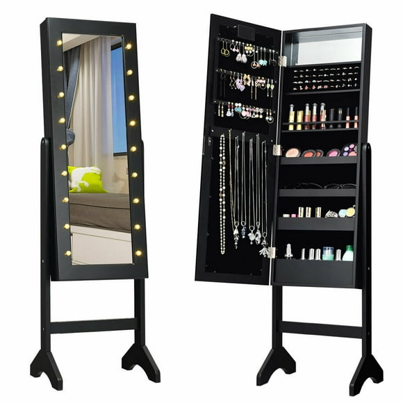 Gymax Full Length Mirror Jewelry Organizer Vanity Box w/ 18 LED Lights Black