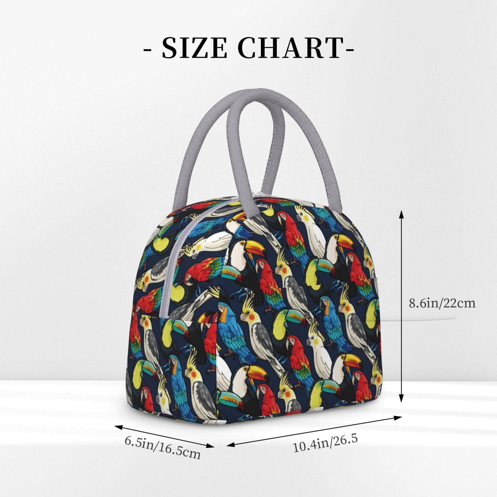 Horeoi Parrot Pattern Large Insulated Lunch Bag for Work, School, Picnic - Waterproof, Durable Oxford Cloth, Comfortable Handle-Light Grey