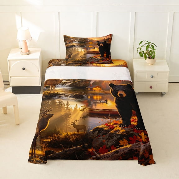 Manfei Black Bear Twin Sheets,Autumn Deer Pattern Bedding,3 Pieces,1 Fitted Sheet and 1 Pillowcase
