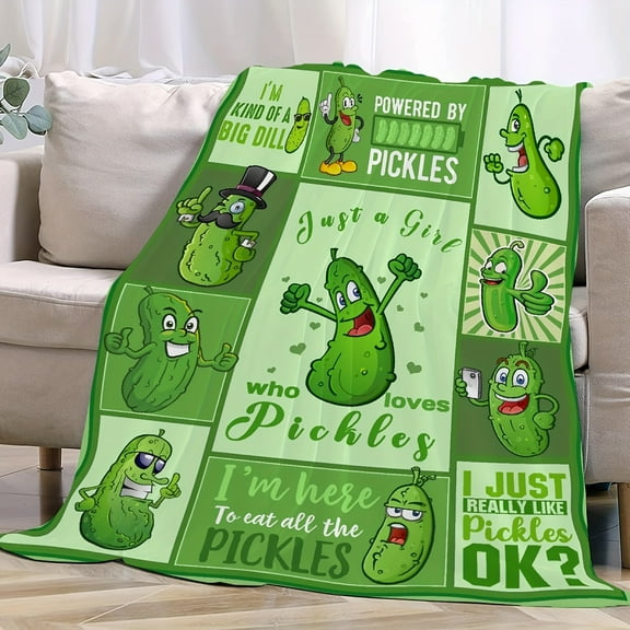 Cozy Flannel Pickle-Themed Throw Blanket Funny Cartoon Pickles Design with Humorous Phrases Soft Green Retro Style for Sofa TV or Snuggling Perfect Gift for Friends Birthdays & Holidays
