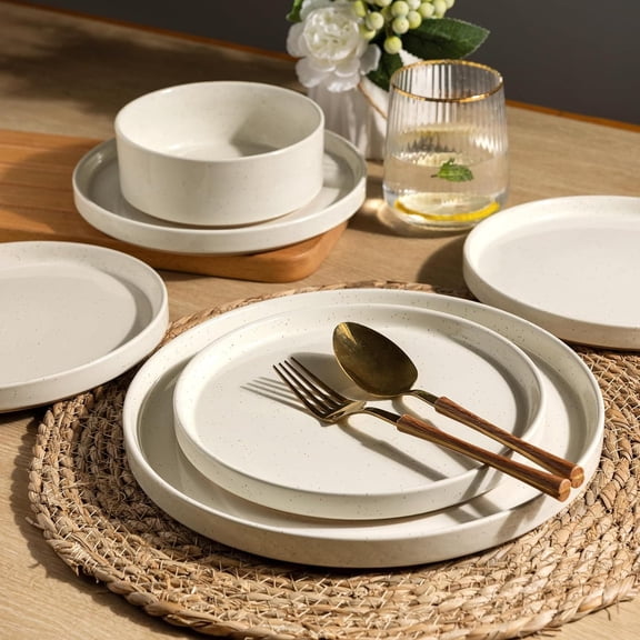 Ceramic Dinnerware Set for 4 | Speckled Stoneware Plates and Bowls with unglazed terracotta | Scratch Resistant, Dishwasher & Microwave Safe Dishes Sets- 12-Pcs Beige