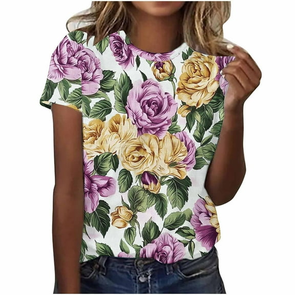JSheng Women Summmer Printed Top Women Fashion Summer Printed Regular Women Short Sleeves Round Neck Multicolor L