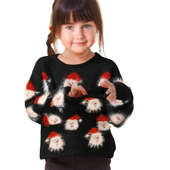 SGMVNU Novelty Christmas Sweaters for Girls with Whimsical Santa Motif Knitted Pullover Warm Top for Winter Parties Holiday Outfits(Size 2-3 T, Black)