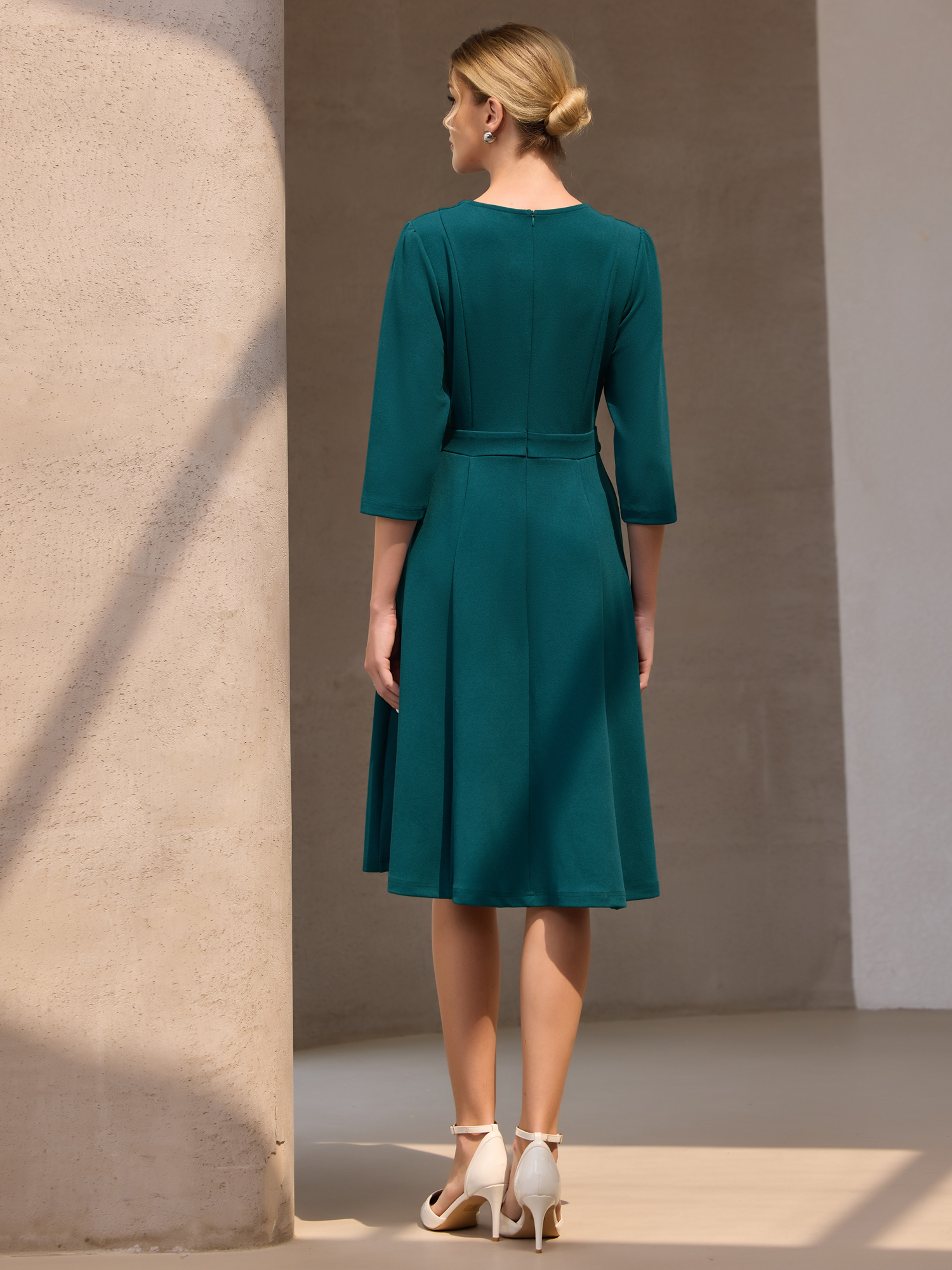 DARING DIVA 3/4 Sleeve A-Line Crew Neck Flare Midi Dress XL Peacock Blue