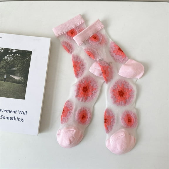 HuangHuanChen Womens Socks Lace Mesh Crew Socks Transparent Sock Thin Nylon Summer Sock Silk Stockings Pink