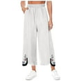 thumbnail image 5 of Women's Wide Leg Pants Fashion Embroidery Prints High Waisted Cotton Linen Side Pleated Pants Casual Loose Straight Trousers with Pockets White L, 5 of 6