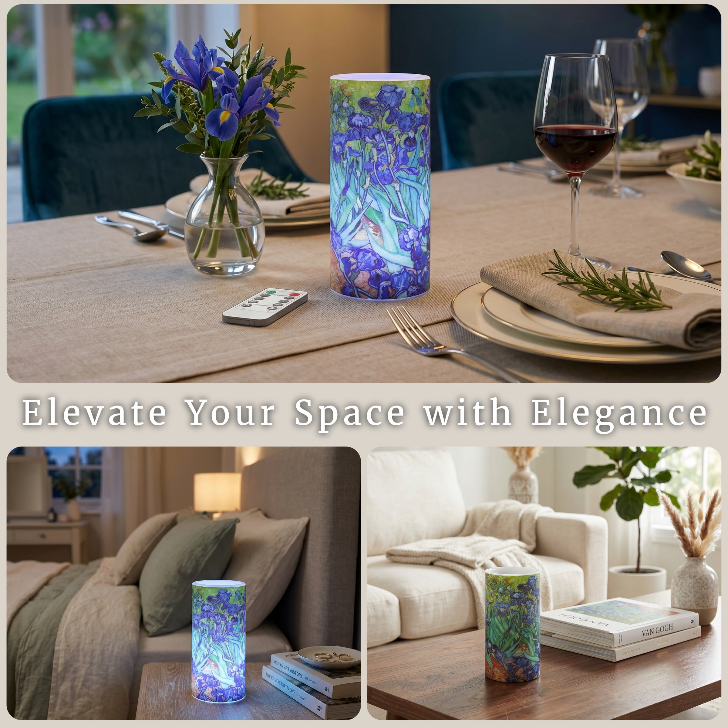 Lavish Home Flameless Candle - Van Gogh Irises Battery Operated LED Candle with Remote