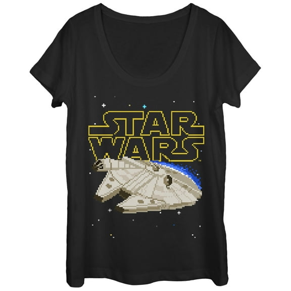 Women's Star Wars Pixel Millennium Falcon  Scoop Neck Black Large
