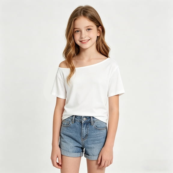Girls Short Sleeve Shirts Casual Loose Fit Stylish Tee Breathable Elastic Soft Top Kids Summer Wear White Size 7-8 Years