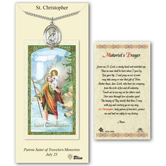 Pewter St. Christopher medal on an 24 inch Heavy Curb Chain with a Motorists Prayer to St Christopher Prayer Card.