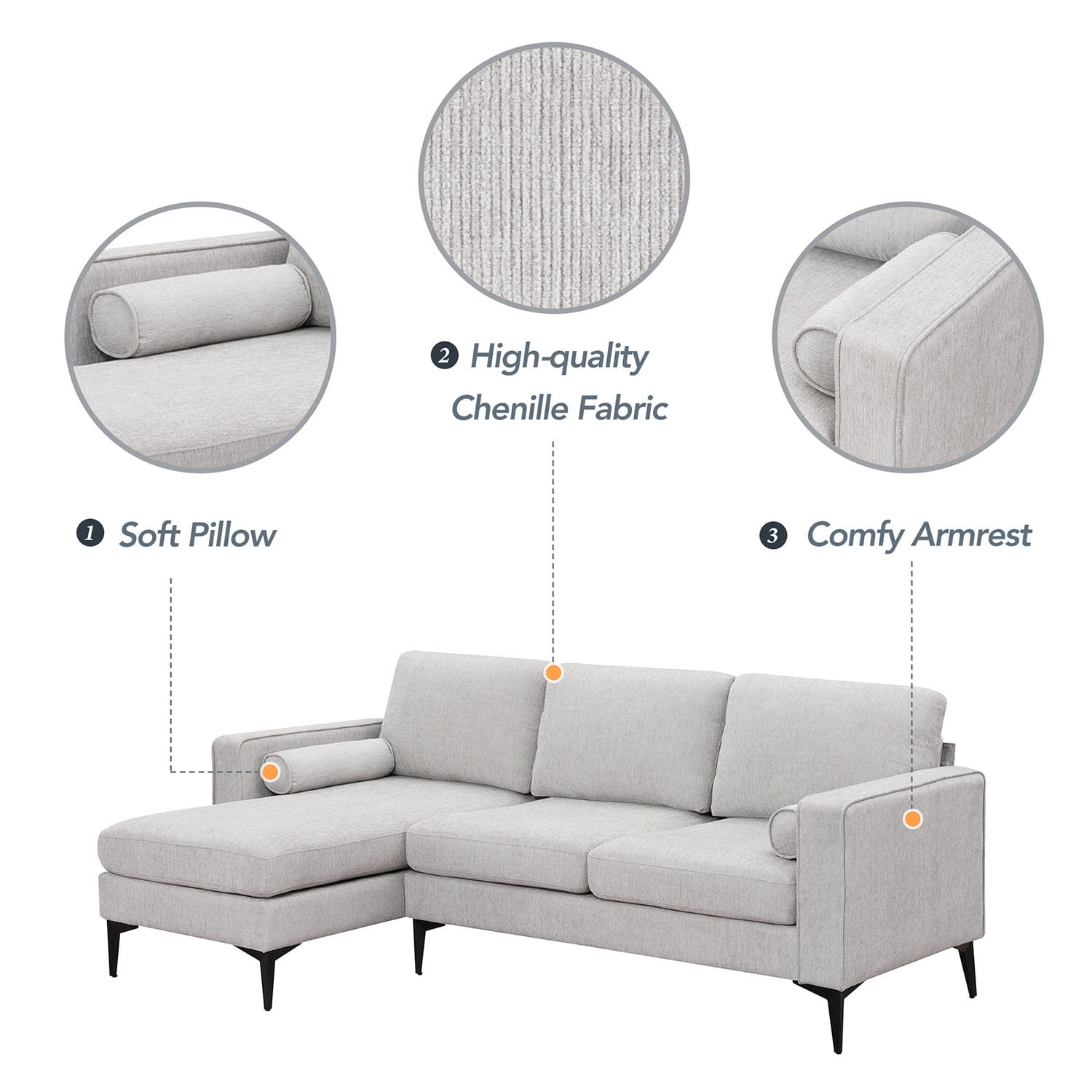 Kadyn 86" Convertible Sectional Sofa, Modern Chenille Fabric Sofa with Reversible Chaise and 2 Pillows, L-Shaped 3-Seat Sofa for Apartment, Beige