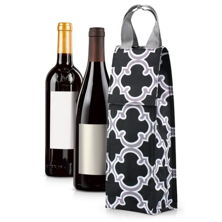 Aluminum Wine Tote - Thermal Insulated Lightweight Wine Bottle Tote Carry Bag by Zodaca for Party - Black Quatrefoil