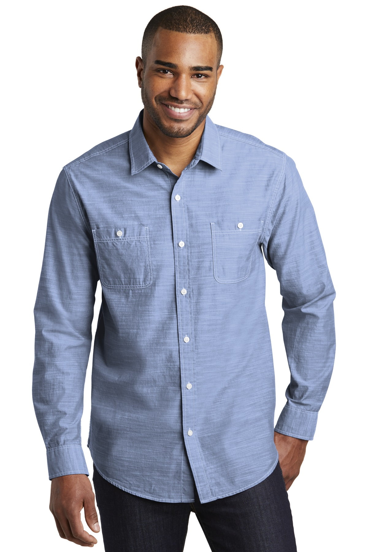 Port Authority Adult Male Men Chambray Long Sleeves Shirt Light