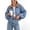 #12Blue, variant on BWomens Plaid Cropped Jacket Gingham Snap Button Shirt Jacket with Drawstring Hem Balloon Sleeves