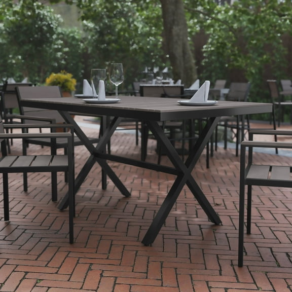 BizChair Commercial Grade X-Frame Outdoor Dining Table 59" x 35.5" with Faux Teak Poly Slats and Metal Frame, Gray/Gray
