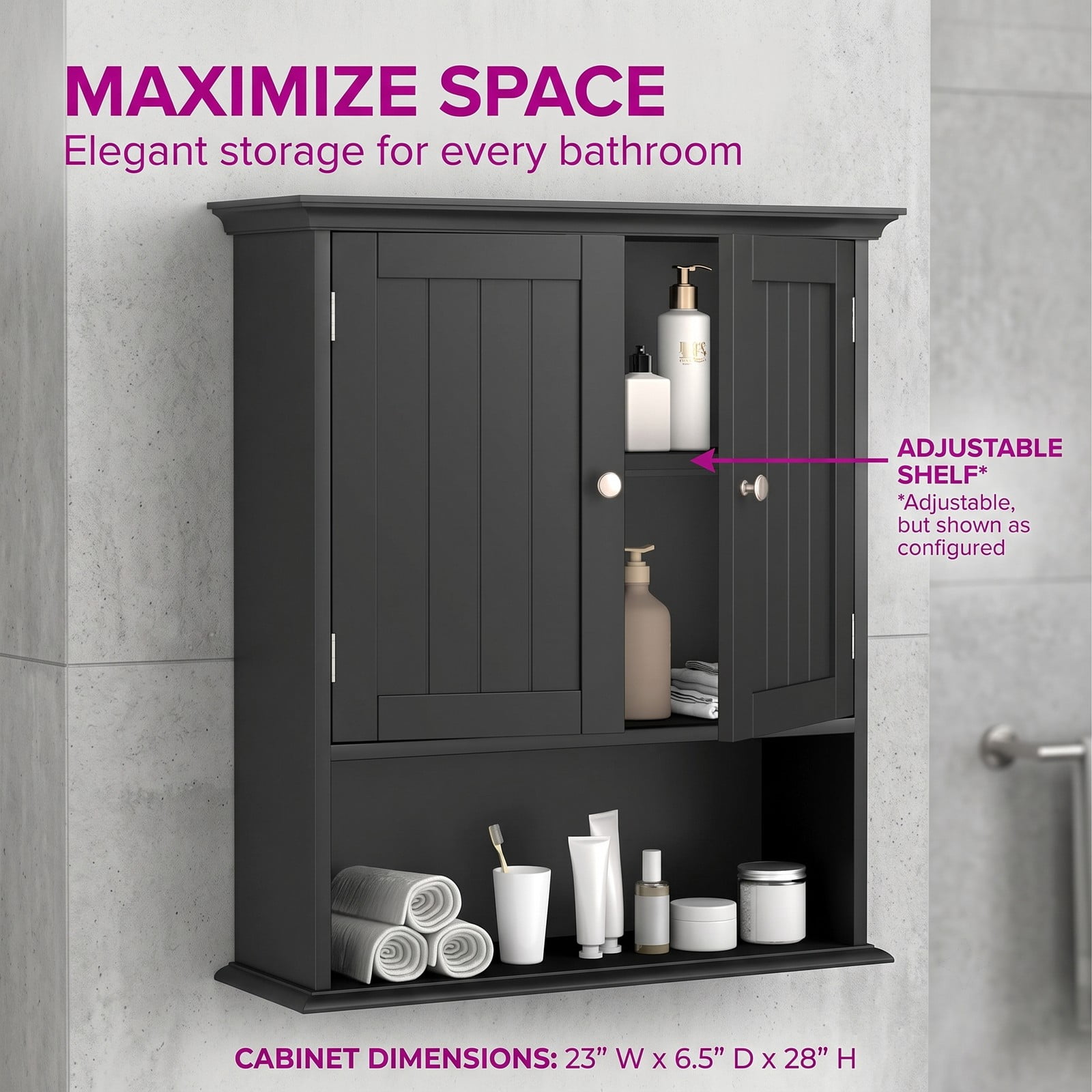 ALPULON Wall Mount Bathroom Cabinet, Wall-Mounted Storage Organizer with 2 Doors and Adjustable Shelves, Space-Saving Cabinet for Bathroom Kitchen Bedroom, Black