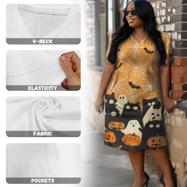 Yuyamidu Halloween Theme Short Sleeve Women Dresses Pumpkin Formal Special  Occession Dress Plus Size XL Ghost Ladies Summer Fall V Neck Midi Dresses,  Orange - Walmart.com