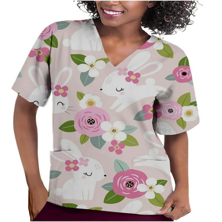 

Easter Scrubs Top for Women Workwear Revolution V-Neck Soft Stretch Shirts Casual Bunny Printed Lightweight T Shirts Uniform