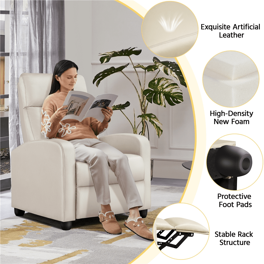 Alden Design Faux Leather Push Back Theater Recliner Chair with Footrest, Cream