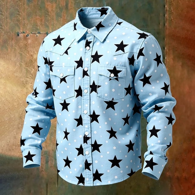 Ceisia Men's Loose Fit Vintage Star & Polka Dot Print Long Sleeve Cotton Shirt Light Blue XL Gifts