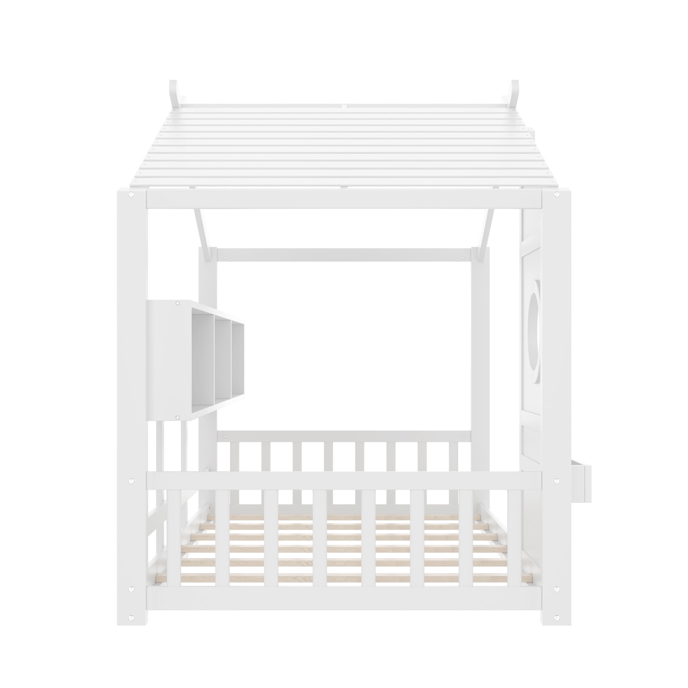 Noble House Twin Size Floor House Bed for Toddlers,Playhouse Bed with Built-in Storage Shelf and Roof Design,White