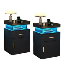 Winkalon Nightstand Set of 2 with Charging Station, LED Night Stand with Drawers, Modern Beside End Table Side Table for Bedroom Living, Black