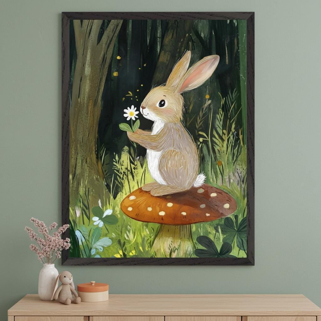 Forest Rabbit Woodland Bunny On Mushroom Cottagecore Animal Whimsical Forest Nature Woodland Nursery Poster Poster Print Only