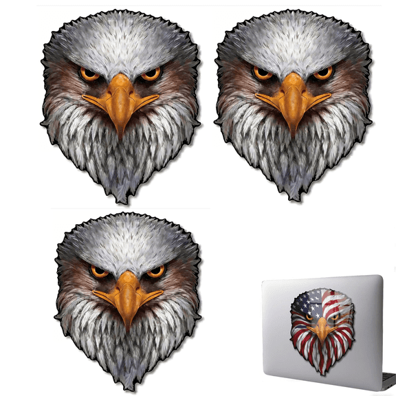 3-Pack Reflective American Bald Eagle Head Decal – Patriotic USA Flag Window Sticker with Eagle Eyes Design for Pickup Truck Tailgate, Car, Cooler, Laptop – American Pride(A,S)