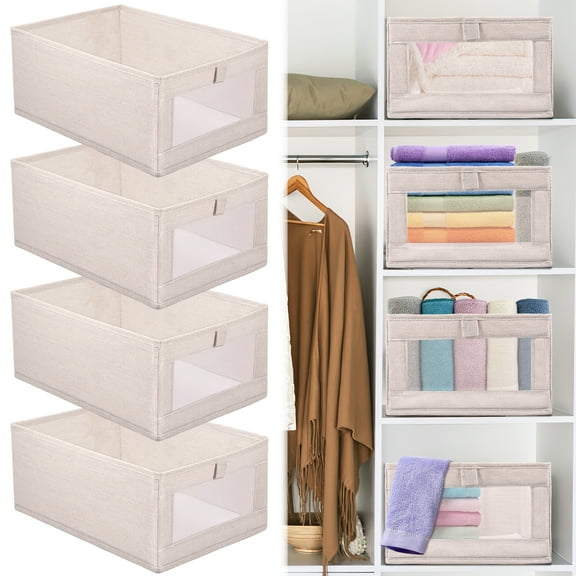 Lzvxtym 4Pcs Closet Storage Bins 15.7×10.6×6.7 Inch Clothing Bin with Clear Window Foldable Closet Organization Cotton Linen Wardrobe Storage Box