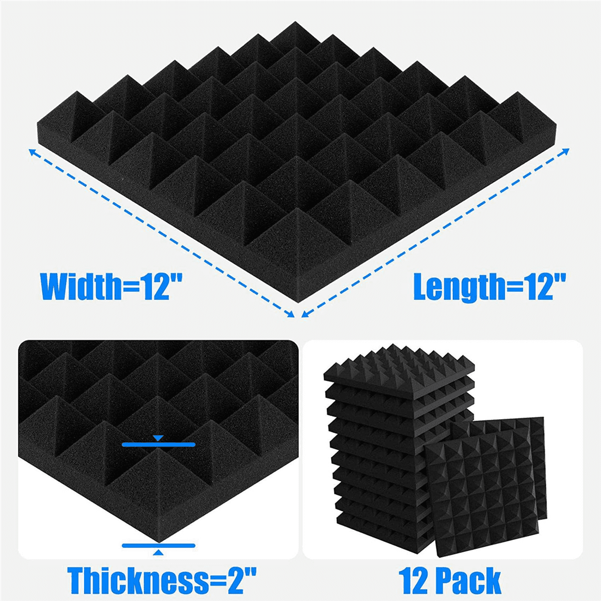 48Pcs Soundproof Foam Panels,2 Inch x 12 Inch x 12 Inch Pyramid Shaped Acoustic Panels for Wall,Studio, Home and Office