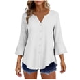thumbnail image 2 of Craaazy Women's Relaxed Fit V Neck Blouse, Solid Color 3/4 Sleeve Flare Cuff Top, Loose Comfy Button Accent Casual Tee for Spring & Summer Gifts, 2 of 7