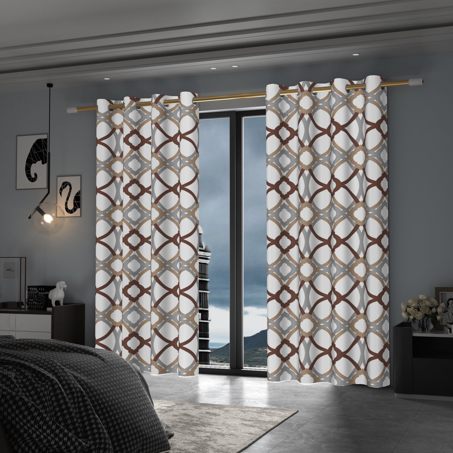 Lfeey Blackout Curtains Geometric Modern Grommet Curtains, Room Darkening Privacy Curtains, Brown and Gray, 42x84 Inches, 2 Panels