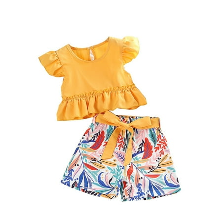 

ZMHEGW Toddler Outfits For Girl S Summer Ruffle Short Sleeve And Leaf Print Short Set