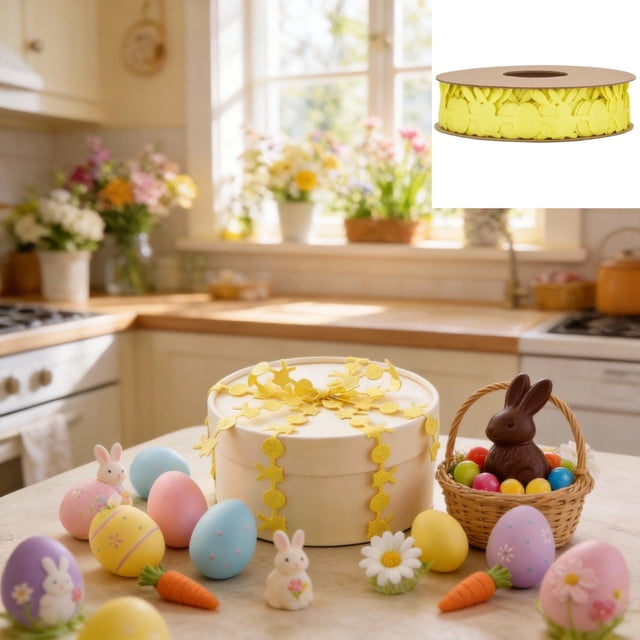 Homekingdee Easter Ribbon with Carrot Rabbits and Egg Cutouts - Polyester Decorative Bow for Gift Wrapping Easter Party Spring Decorations