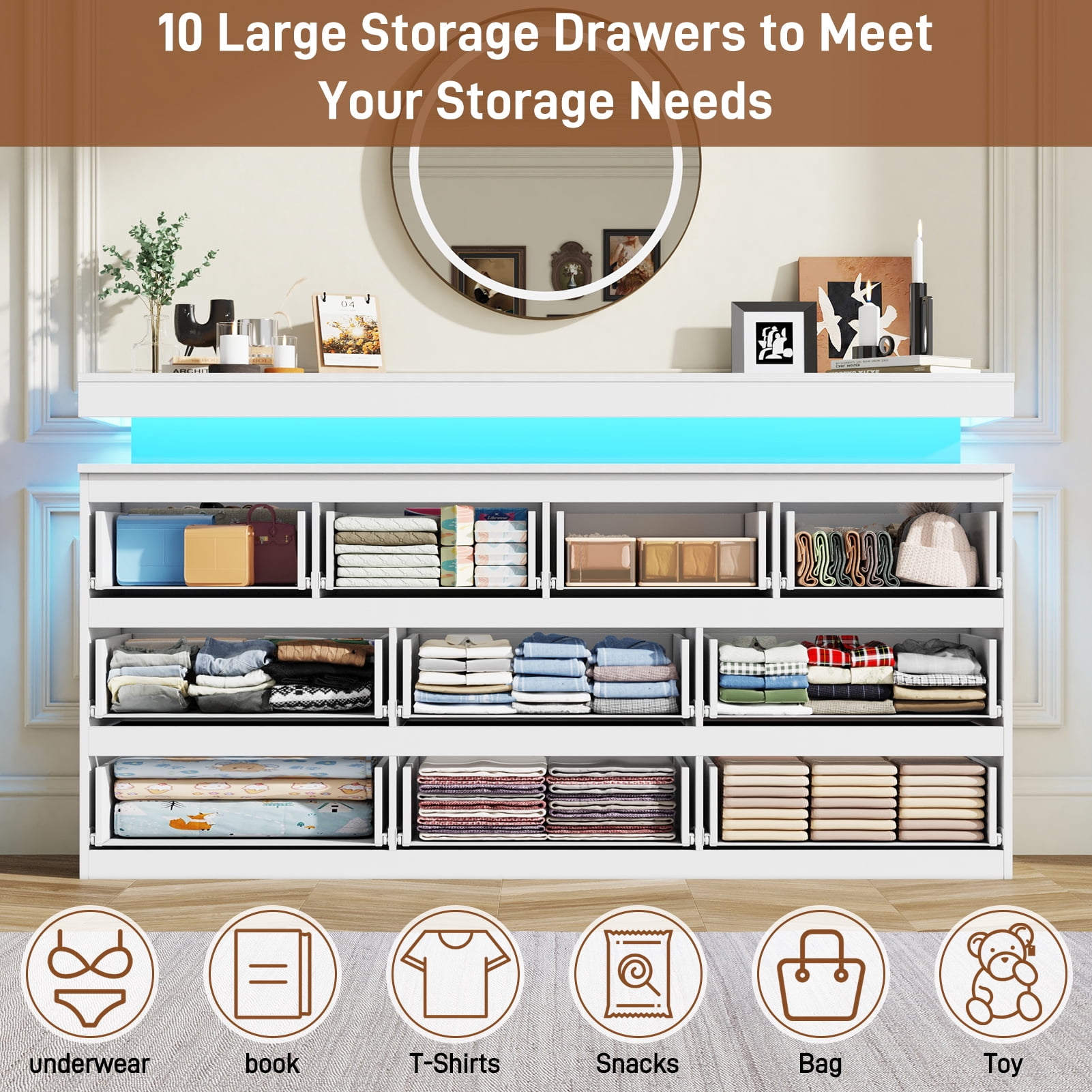 ChVans White 10 Drawer Dresser with LED Lights, 63" Wide Modern Wood Chest of Drawers with Charging Station & Handle Free, LED White Dresser for bedroom, Living Room, Entryway, Hallway