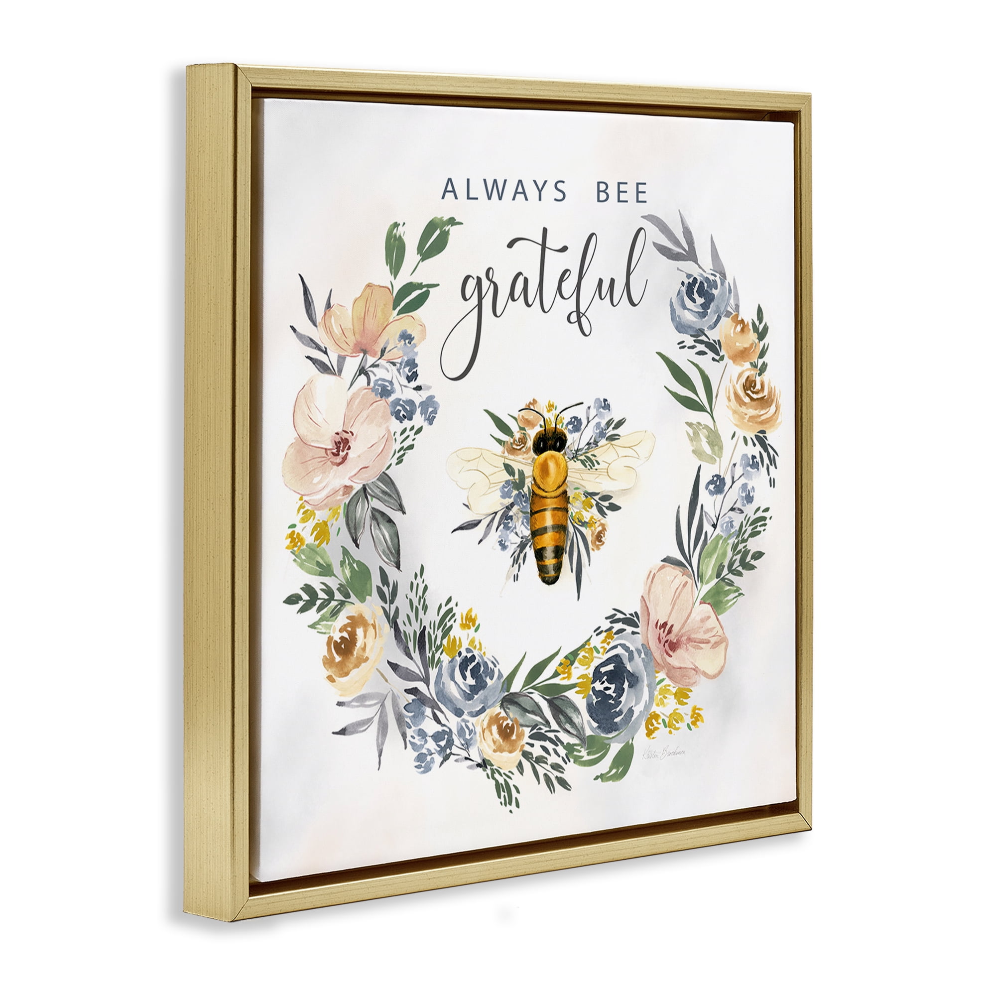 Stupell Industries Country Bee Grateful Botanical & Floral Painting Gold Floater Framed Canvas Art Print Wall Art, 18 x 18