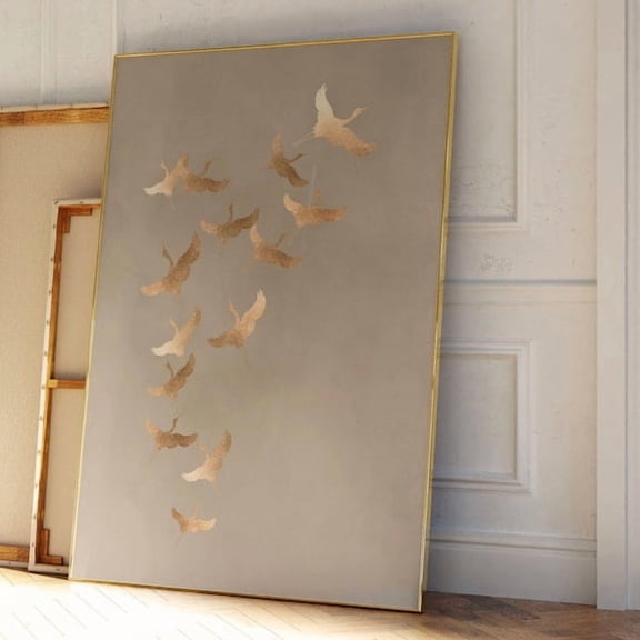 Beige and Gold Japanese Wall Art · Cranes Japanese Print · Neutral Wall Art · Minimalist Wall Art · Living Room Decor, Wall Art, Birds, Unframed Paper Poster 8x10in