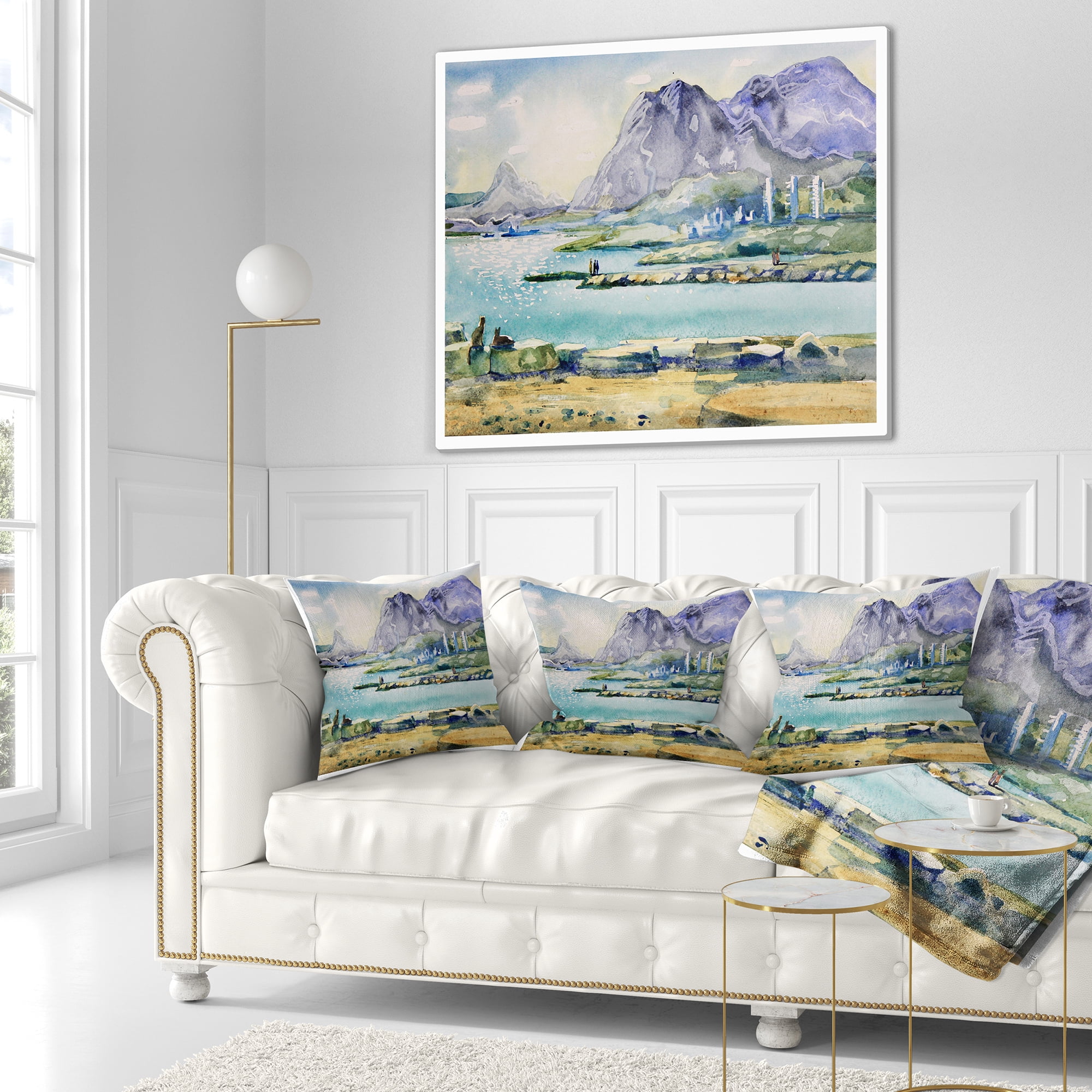 Designart Watercolor Blue Hills - Landscape Printed Throw Pillow - 18x18