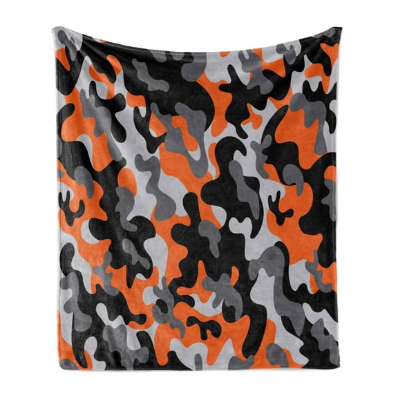 Camo Soft Flannel Fleece Throw Blanket, Vibrant Camouflage Lattice Like Service Theme Modern Design Print, Cozy Plush for Indoor and Outdoor Use, 50" x 70", Orange Grey Black, by Ambesonne