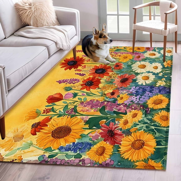 Colorful Sunflower Area Rug 3x5 Washable Rug Non Slip Farmhouse Botanical Floral Large Area Rug Indoor Floor Carpet for Entryway Bedroom Kitchen Living Room Home Office Dining Room Nursery
