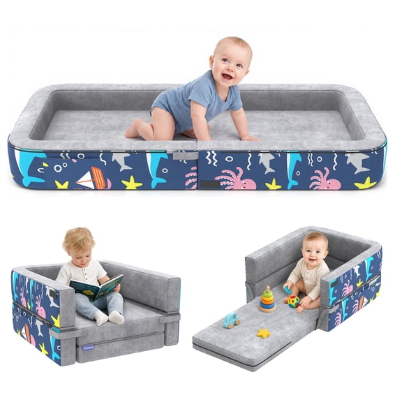 Minikid 3-in-1 Toddler Travel Bed,Foldable Kid Toddler Sofa Bed for Kids Camping Vacation,Memory Foam Filling,Grey