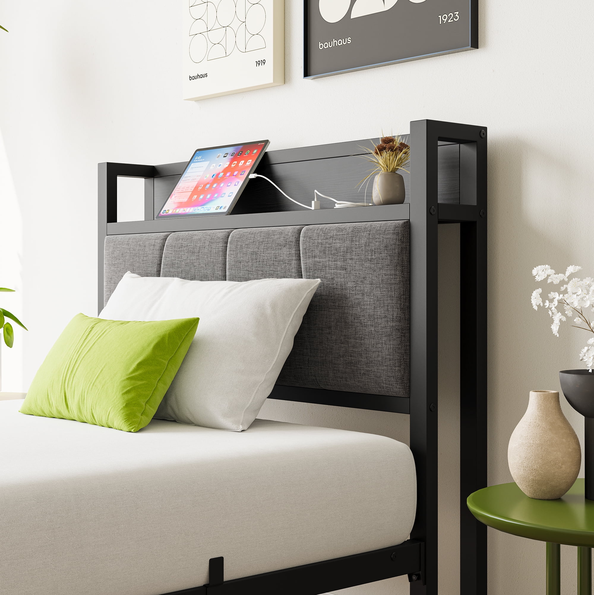 MAYEERTY Noise-Free Twin Bed Frame: Storage Headboard, Charging Station & Easy Assembly​