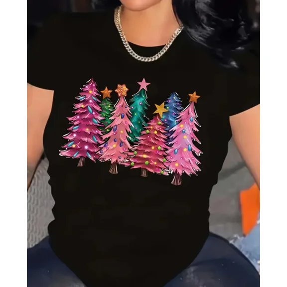 Pink Christmas Trees Graphic Cute Holiday Art Unisex T-Shirt up to size 5XL