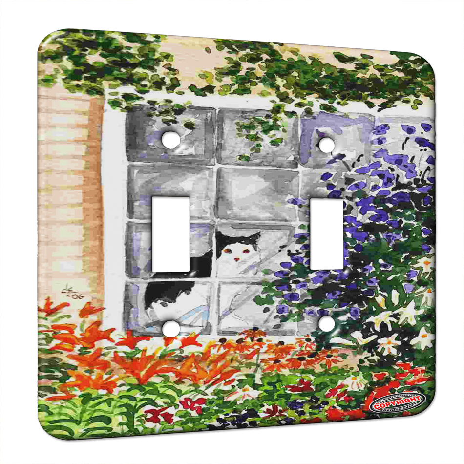 KuzmarK™ Double Gang Switch Wall Plate Tuxedo Cat Watching the World