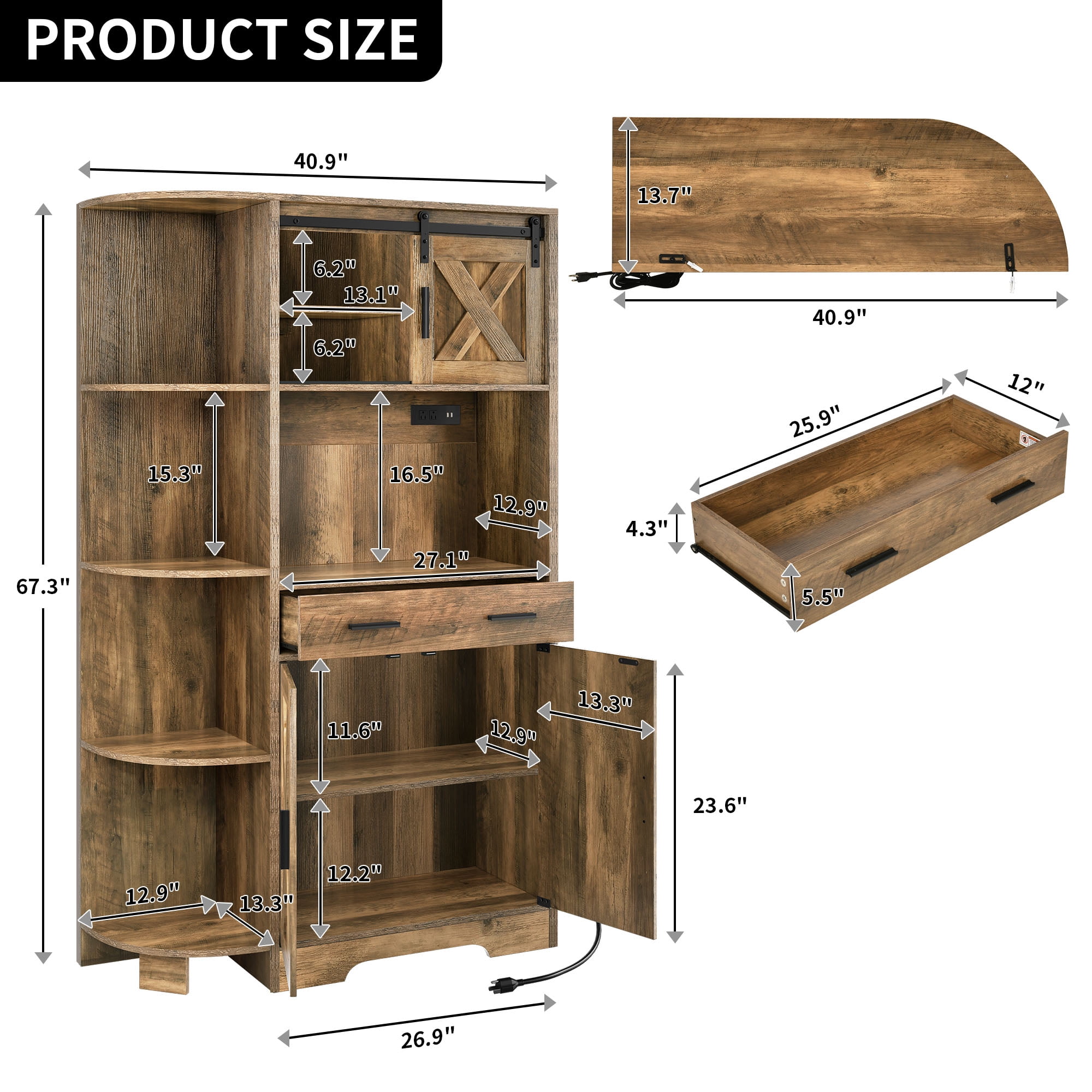 DWVO 67" Farmhouse Pantry Storage Cabinet with Power Outlet ,Large Kitchen Pantry Buffet with Adjustable Shelves， Freestanding Hutch Cabinet with Doors & Microwave Shelf, Coffee Bar, Cupboard