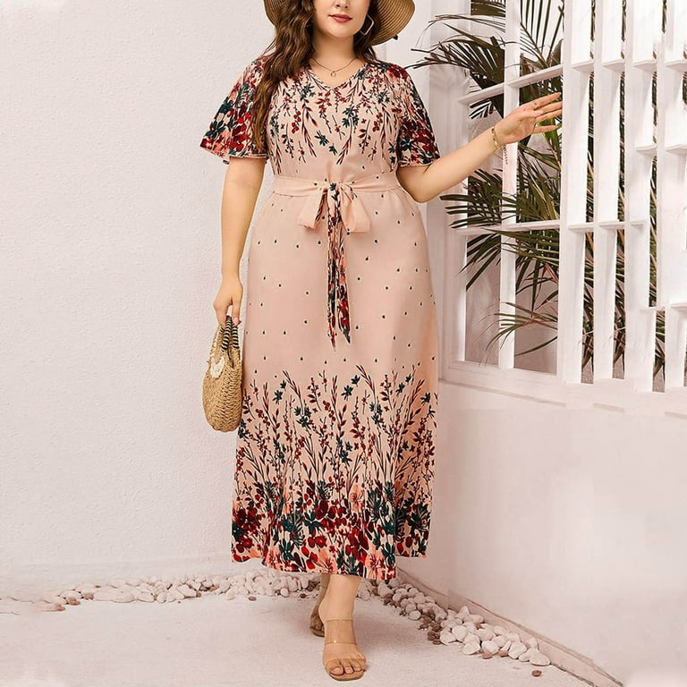 Dresses for Women Plus Size Casual Loose Large Neck Printed Lace Up Holiday  Style Large Skirt Hem Dress - Walmart.com
